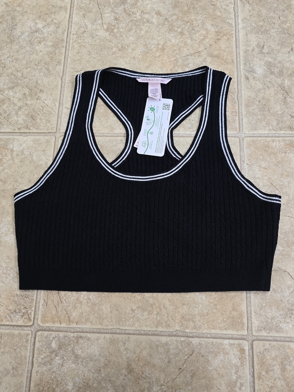 Victoria's Secret Black Racerback Ribbed Sports Bra with White Trim